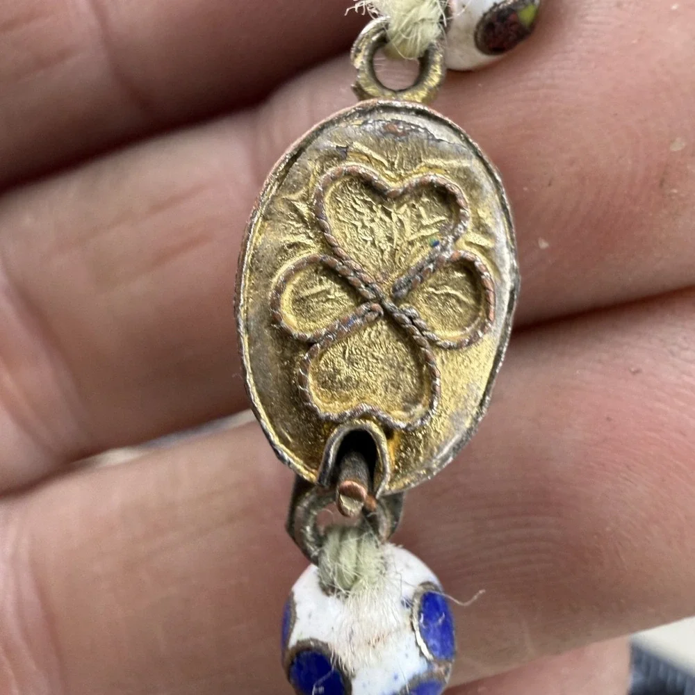Vintage Necklace‎ Glass  Beaded Inlay Blue White  23